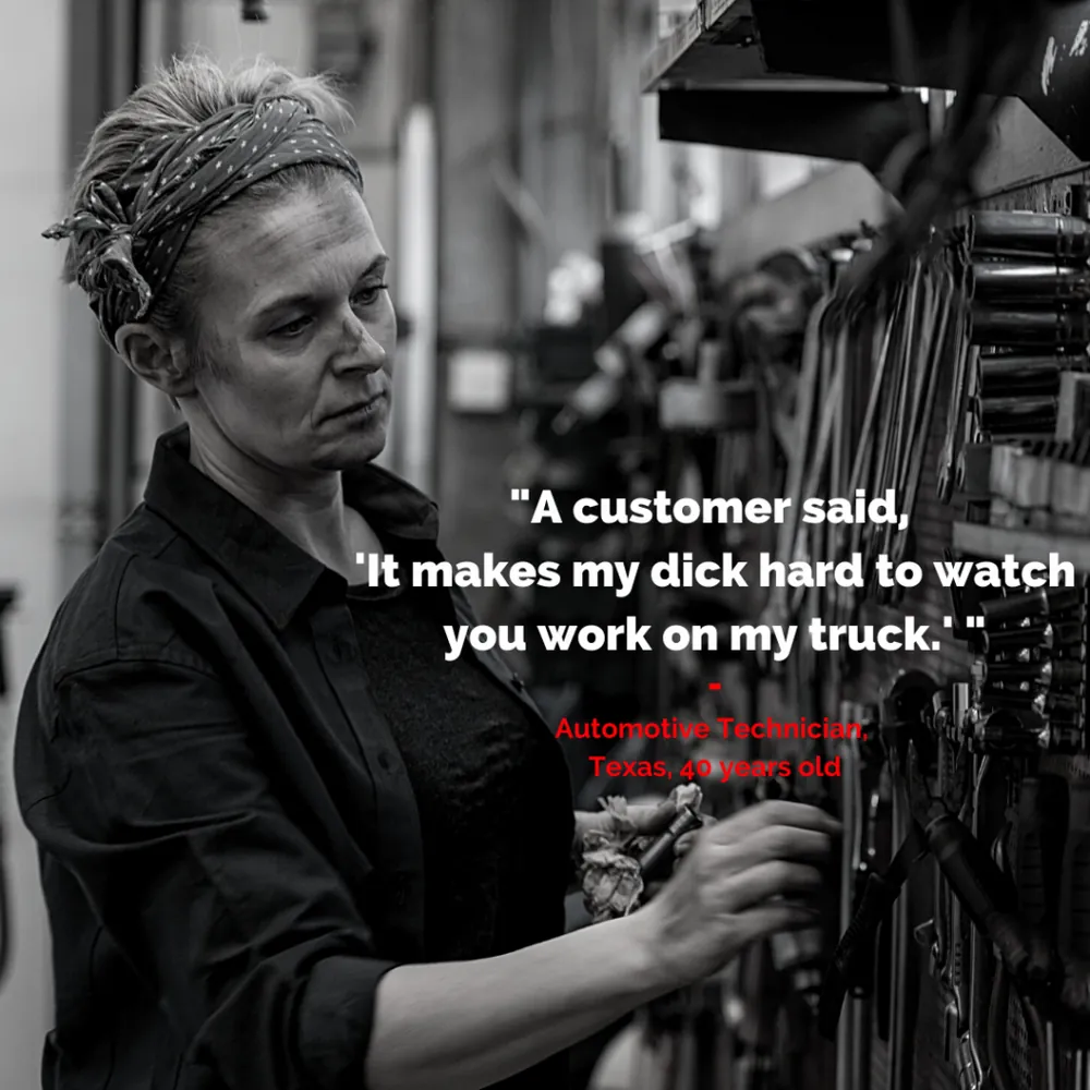 Quote card: “A customer said, ‘It makes my dick hard to watch you work on my truck.’”
