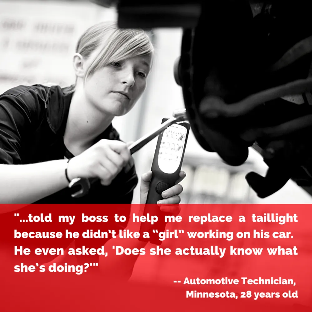 Quote card: “…told my boss to help me replace a taillight because he didn’t like a ‘girl’ working on his car. He even asked, ‘Does she actually know what she’s doing?’” Automotive technician, Minnesota, 28 years old