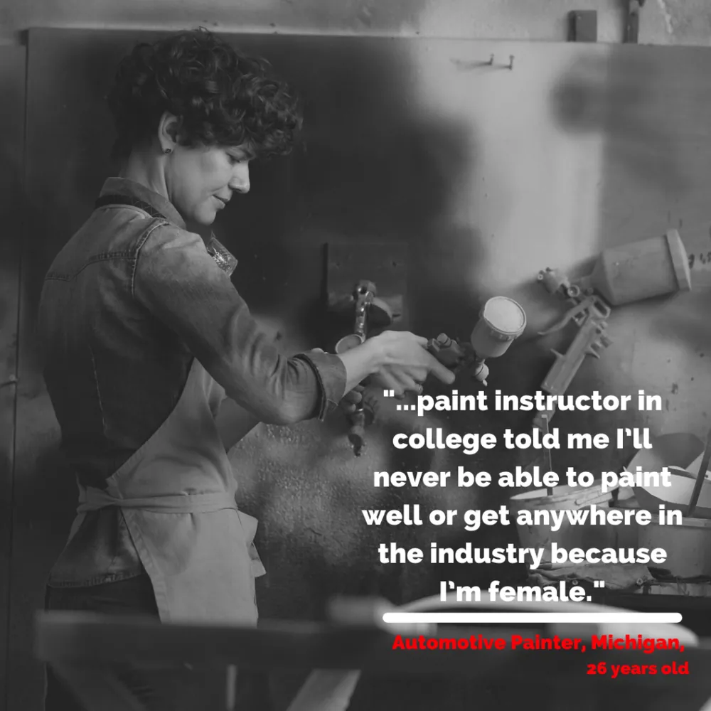 Quote card: “…paint instructor in college told me I’ll never be able to paint well or get anywhere in the industry because I’m female.”