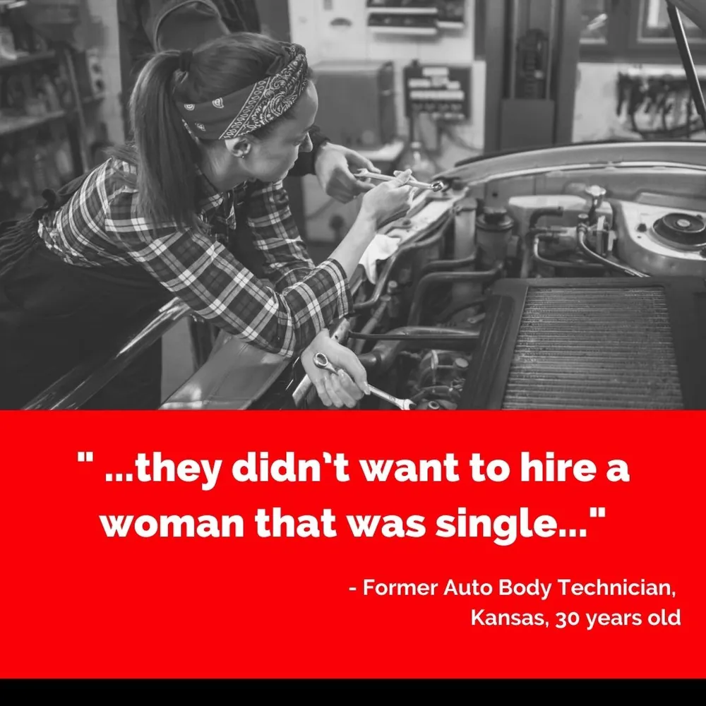 Quote card: “…they didn’t want to hire a woman that was single…” Former auto body technician, Kansas, 30 years old