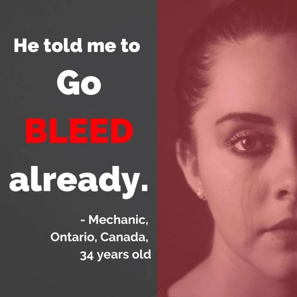 Quote card: “He told me to go bleed already.” Mechanic, Ontario, Canada, 34 years old