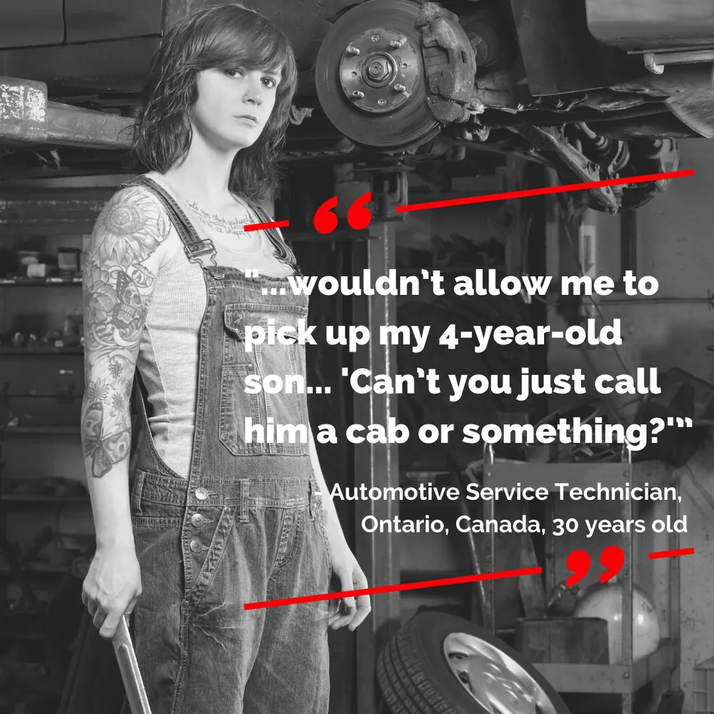Quote card: “…wouldn’t allow me to pick up my 4-year-old son… ‘Can’t you just call him a cab or something?’” Automotive service technician, Ontario, Canada, 30 years old