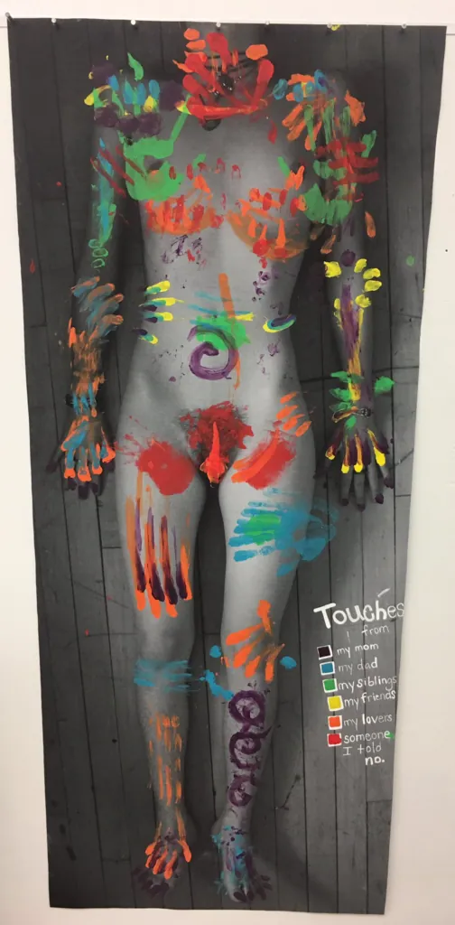 Touches by Emma Krenzer: a full-length body painting of colored handprints marking every place the artist has been touched without consent