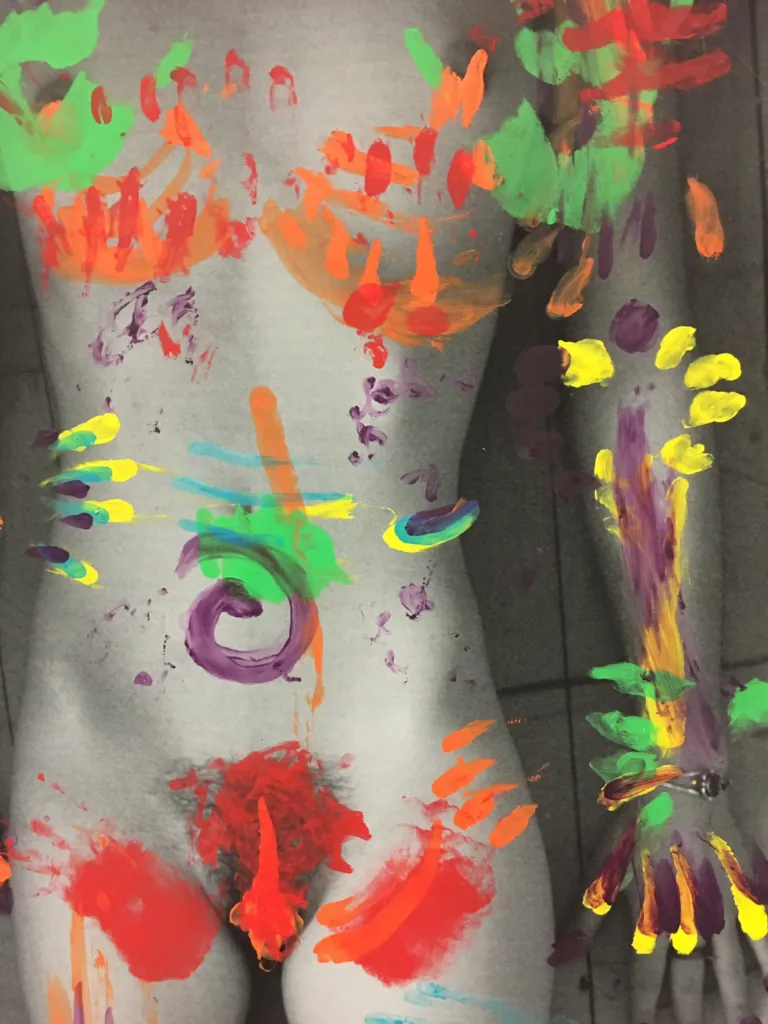 Touches by Emma Krenzer, detail of the painted handprints across the torso and legs